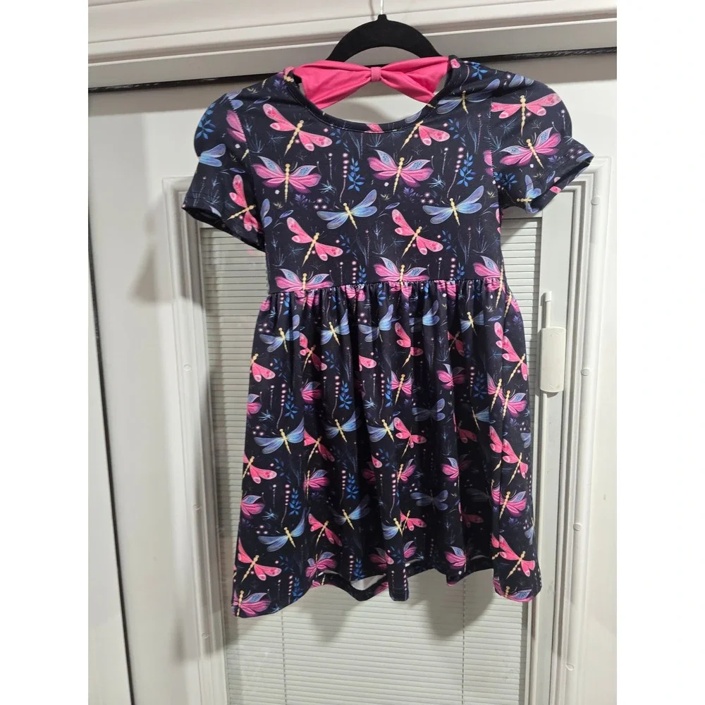 Pete + Lucy Girls Dragonfly Print Dress Navy Pink Bow Back P+Lush Size 6/6X